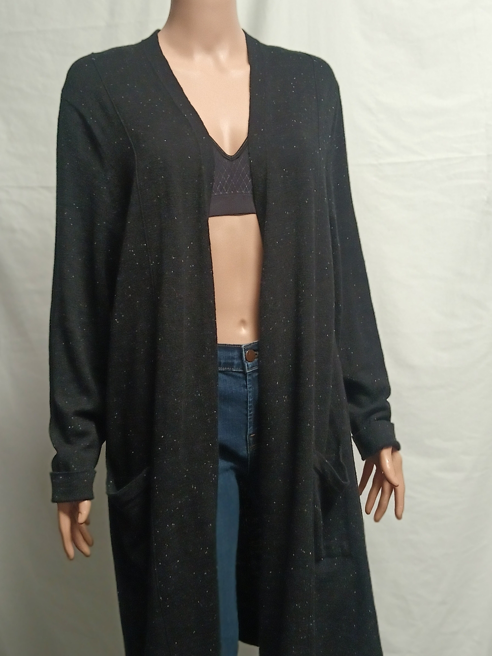J. Jill Black Long Open-Front Cardigan with Subtle White Speckle